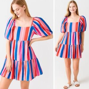 Oliphant Striped Bubble Skirt Smocked Mini Dress